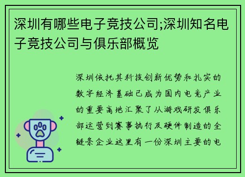 深圳有哪些电子竞技公司;深圳知名电子竞技公司与俱乐部概览